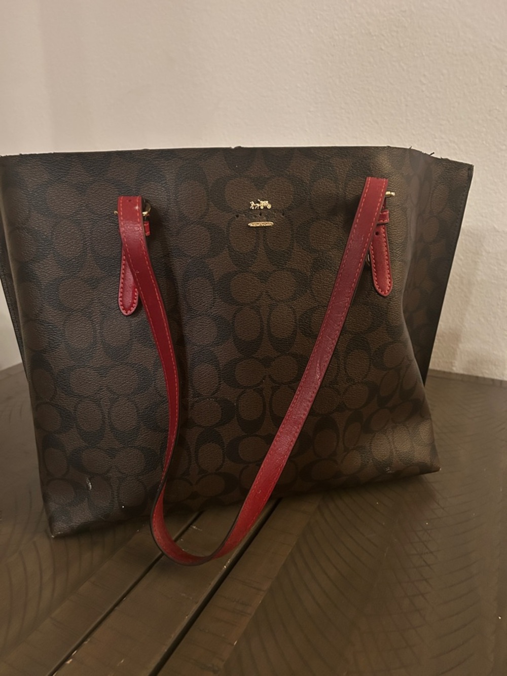 Coach Brown Signature Tote with Red Leather Straps - Picture 3 of 11